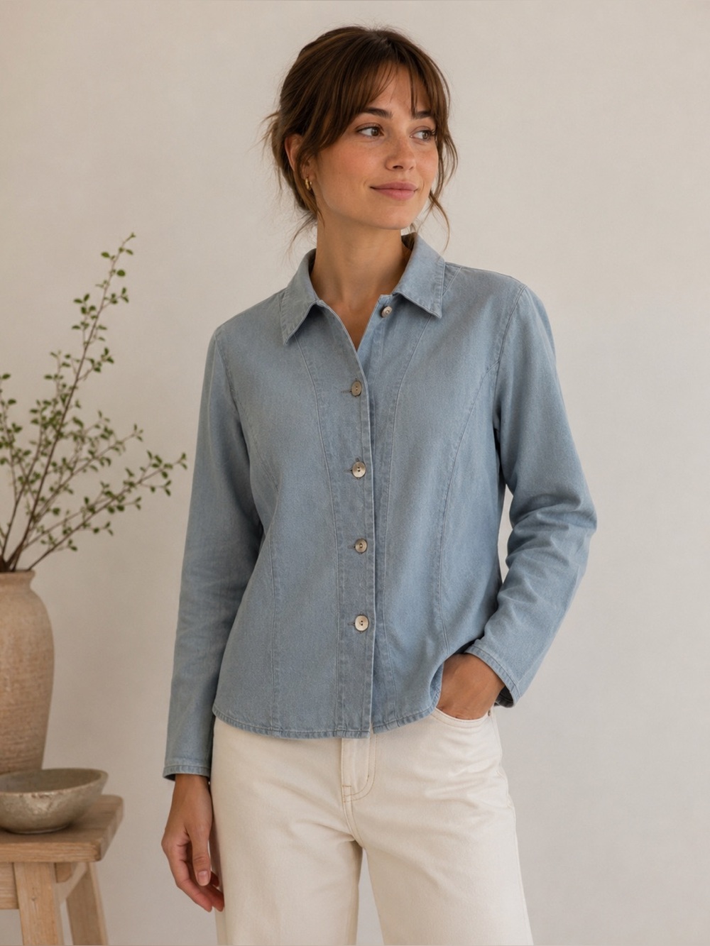 J Jill Light Blue Button-Front Chambray Shirt S